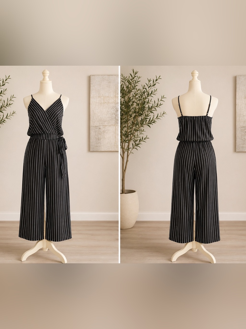 Kaileigh Black Pinstripe Sleeveless Wrap Jumpsuit with Tie Waist